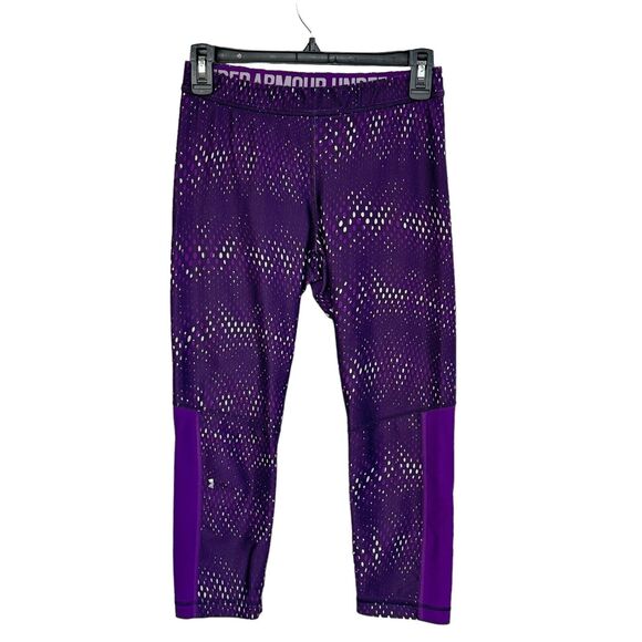 Under Armour Medium Compression Capris Leggings Heat Gear Purple Abstract Womens - Picture 1 of 4